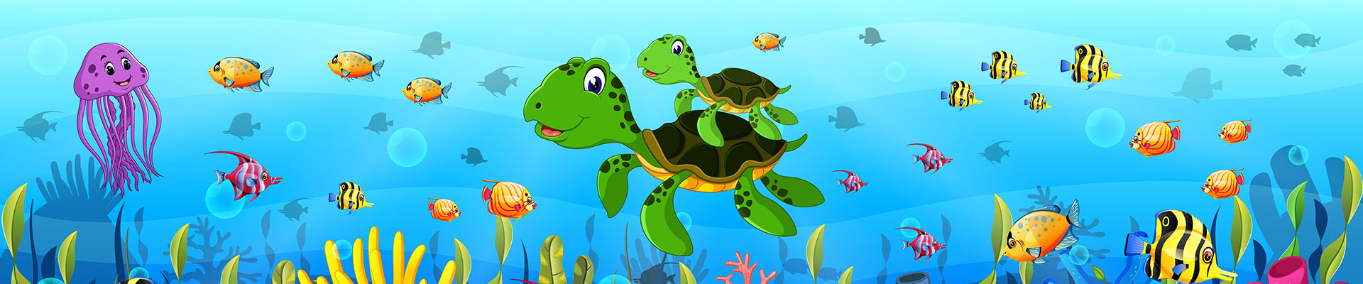 A cartoon depiction of an underwater scene with a turtle, fish, and marine life against a blue background.