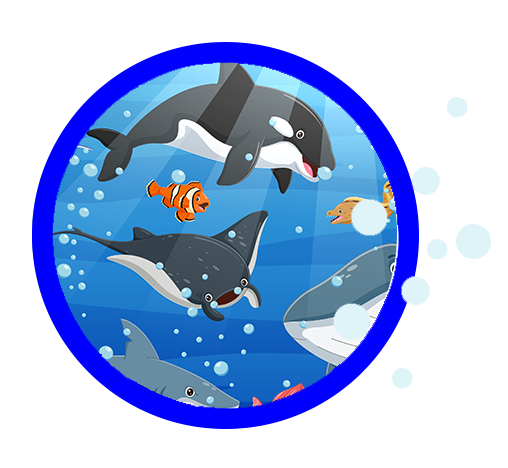 The image features a colorful underwater scene with various marine animals such as dolphins, whales, sharks, and fish swimming around bubbles, set against a blue background that resembles water.